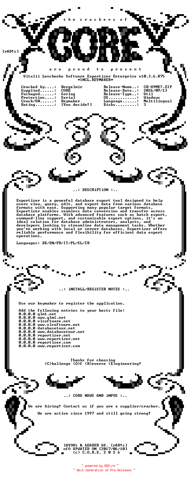 NFO for the release Vitalii.Levchenko.Software.Exportizer.Enterprise.v10.3.6.875.Multilingual.Incl.Keymaker-CORE by CORE