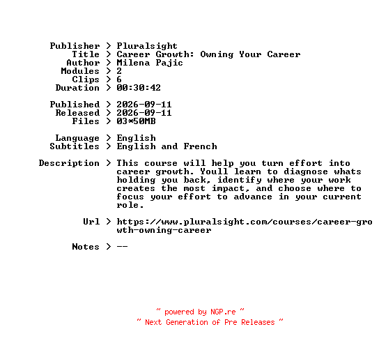 NFO for the release Pluralsight.Career.Growth.Owning.Your.Career.2026.BOOKWARE-GETH by GETH