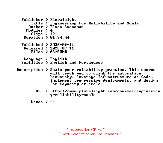 NFO for the release Pluralsight.Engineering.for.Reliability.and.Scale.2026.BOOKWARE-GETH by GETH