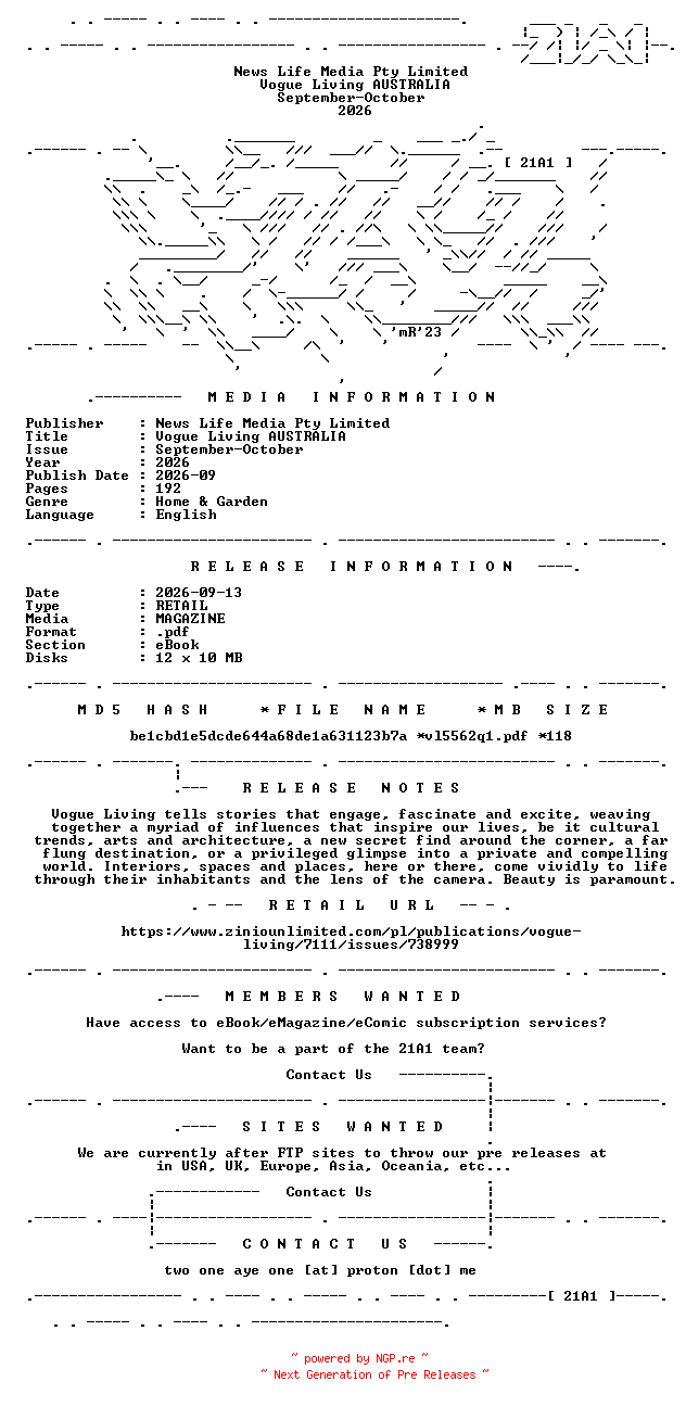 NFO for the release Vogue.Living.AUSTRALIA.September-October.2026.RETAIL.MAGAZINE.eBook-21A1 by 21A1