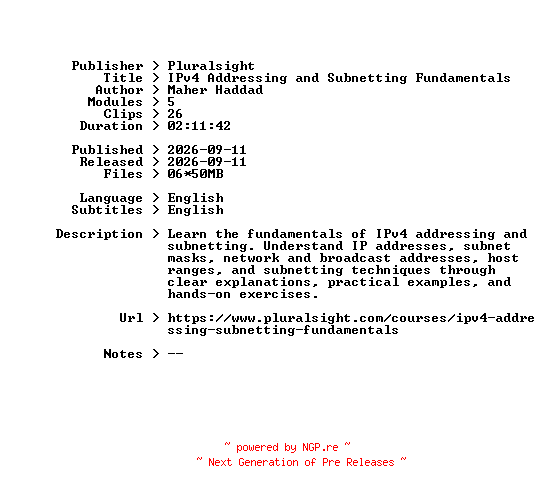 NFO for the release Pluralsight.IPv4.Addressing.and.Subnetting.Fundamentals.2026.BOOKWARE-GETH by GETH