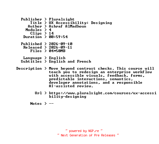 NFO for the release Pluralsight.UX.Accessibility.Designing.2026.BOOKWARE-GETH by GETH