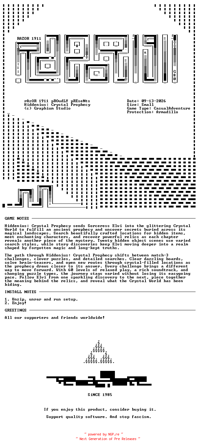 NFO for the release Hiddenius_Crystal_Prophecy-RAZOR by RAZOR