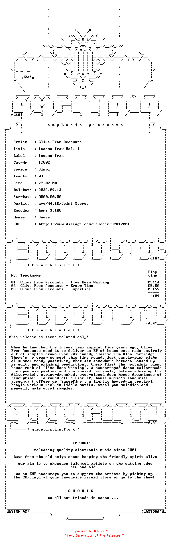 NFO for the release Clive_From_Accounts-Income_Trax_Vol._1-(IT002)-VINYL-2026-EMP by EMP