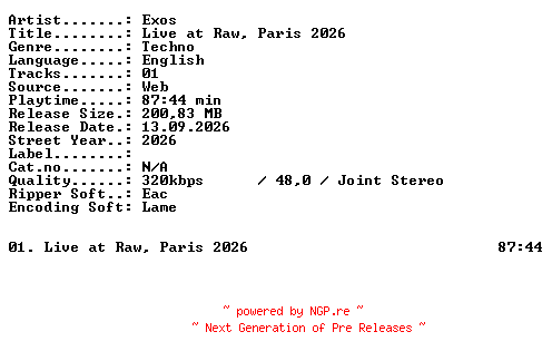 NFO for the release Exos-Live_at_RAW_Paris_2026-WEB-2026-XTC_iNT by XTC_iNT