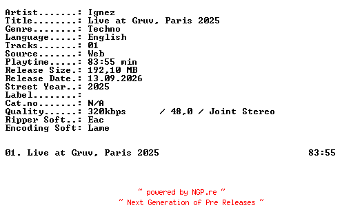NFO for the release Ignez-Live_at_GRUV_Paris_2025-WEB-2025-XTC_iNT by XTC_iNT