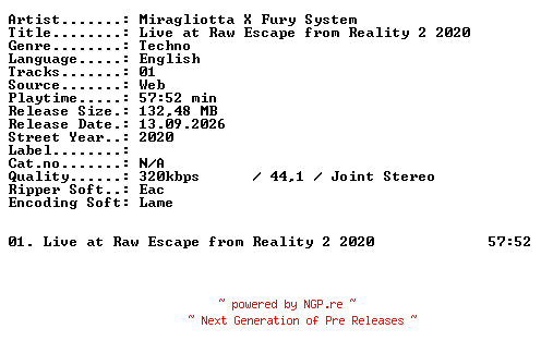 NFO for the release Miragliotta_X_Fury_System-Live_at_RAW_Escape_from_Reality_2_2020-WEB-2020-XTC_iNT by XTC_iNT