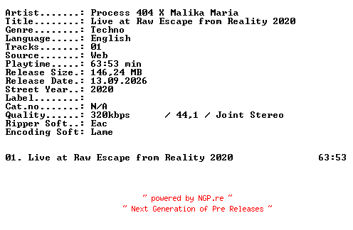 NFO for the release Process_404_X_Malika_Maria-Live_at_RAW_Escape_from_Reality_2020-WEB-2020-XTC_iNT by XTC_iNT