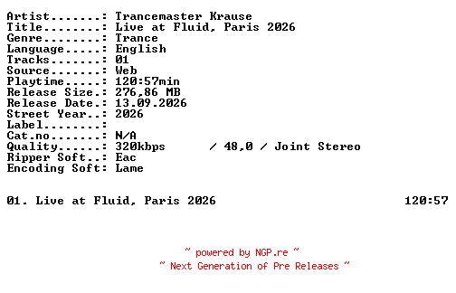 NFO for the release Trancemaster_Krause-Live_at_FLUID_Paris_2026-WEB-2026-XTC_iNT by XTC_iNT