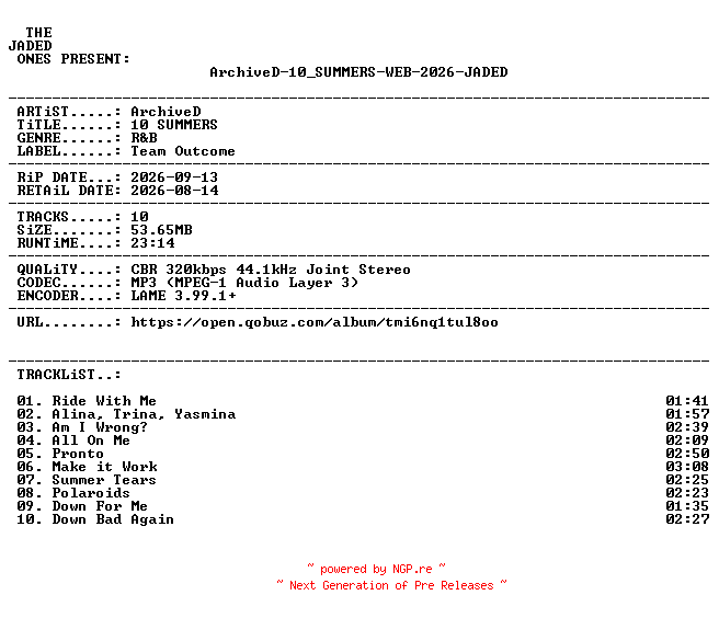 NFO for the release ArchiveD-10_SUMMERS-WEB-2026-JADED by JADED