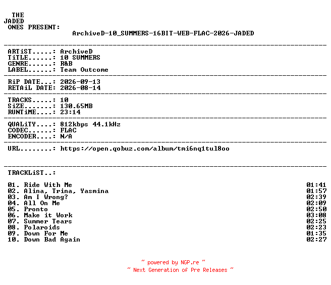 NFO for the release ArchiveD-10_SUMMERS-16BIT-WEB-FLAC-2026-JADED by JADED