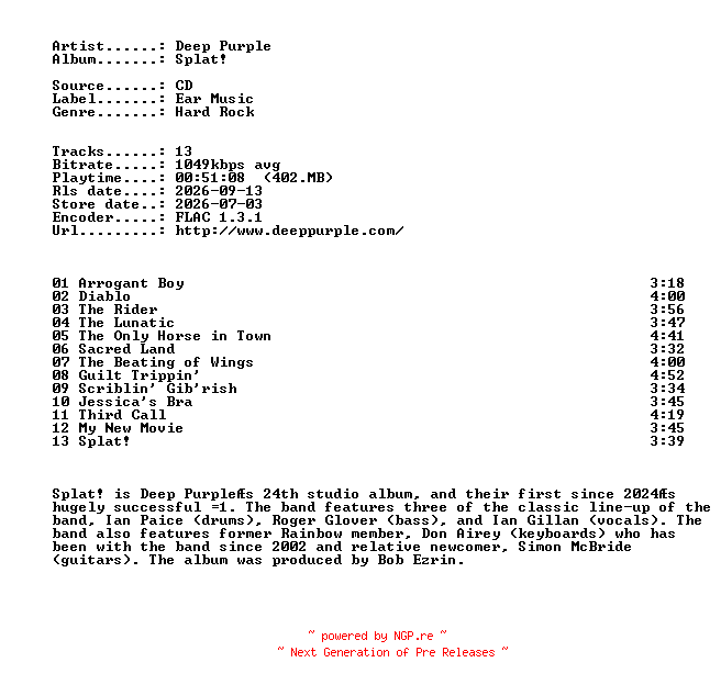 NFO for the release Deep_Purple-Splat-CD-FLAC-2026-401 by 401