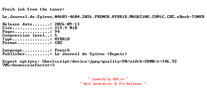 NFO for the release Le.Journal.de.Spirou.N4603-4604.2026.FRENCH.HYBRiD.MAGAZiNE.COMiC.CBZ.eBook-TONER by TONER