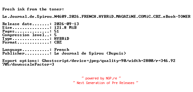 NFO for the release Le.Journal.de.Spirou.N4609.2026.FRENCH.HYBRiD.MAGAZiNE.COMiC.CBZ.eBook-TONER by TONER