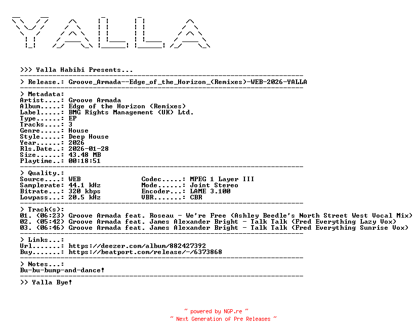 NFO for the release Groove_Armada--Edge_of_the_Horizon_(Remixes)-WEB-2026-YALLA by YALLA