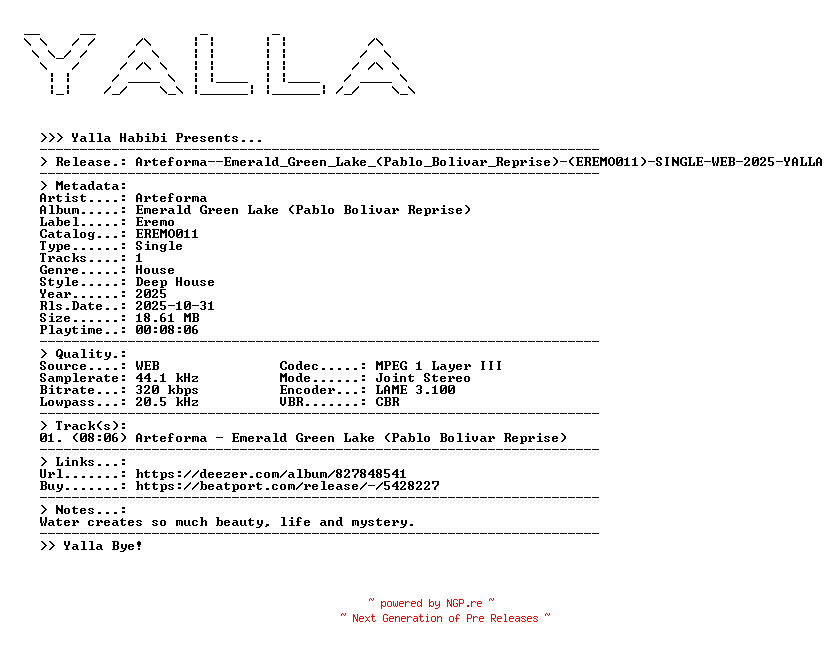 NFO for the release Arteforma--Emerald_Green_Lake_(Pablo_Bolivar_Reprise)-(EREMO011)-SINGLE-WEB-2025-YALLA by YALLA