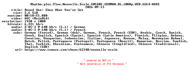 NFO for the release Rhythm.plus.Flow.Nouvelle.Ecole.S05E02.GERMAN.DL.1080p.WEB.h264-HAXE by HAXE