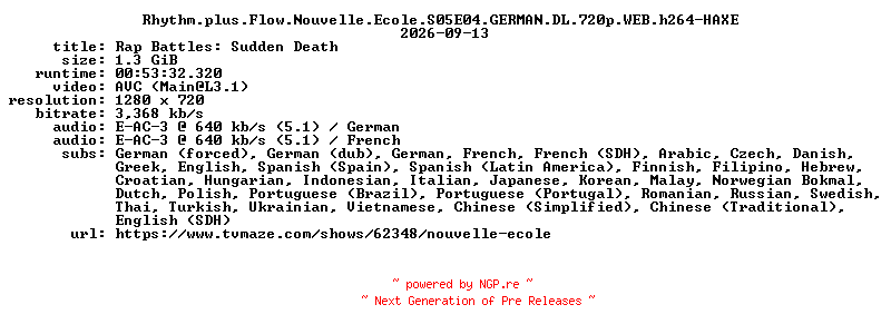 NFO for the release Rhythm.plus.Flow.Nouvelle.Ecole.S05E04.GERMAN.DL.720p.WEB.h264-HAXE by HAXE