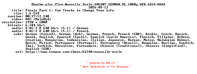 NFO for the release Rhythm.plus.Flow.Nouvelle.Ecole.S05E07.GERMAN.DL.1080p.WEB.h264-HAXE by HAXE