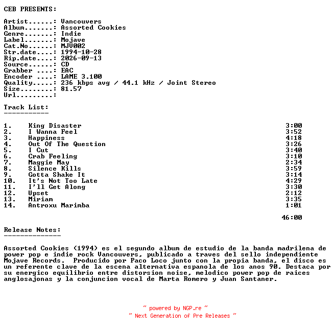 NFO for the release Vancouvers-Assorted_Cookies-(MJV002)-CD-1994-CEB by CEB