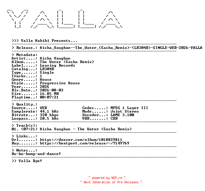 NFO for the release Aisha_Vaughan--The_Water_(Sasha_Remix)-(LR304B)-SINGLE-WEB-2026-YALLA by YALLA