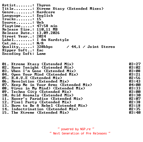 NFO for the release Thyron-Xtreme_Xtasy_(Extended_Mixes)-WEB-2024-XTC_iNT by XTC_iNT