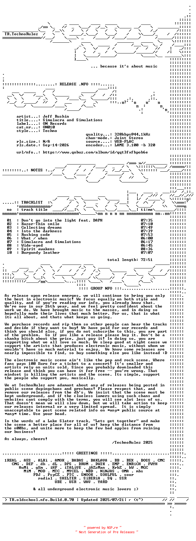 NFO for the release Jeff_Rushin-Simulacra_and_Simulations-(ON010)-WEB-2026-TR by TR