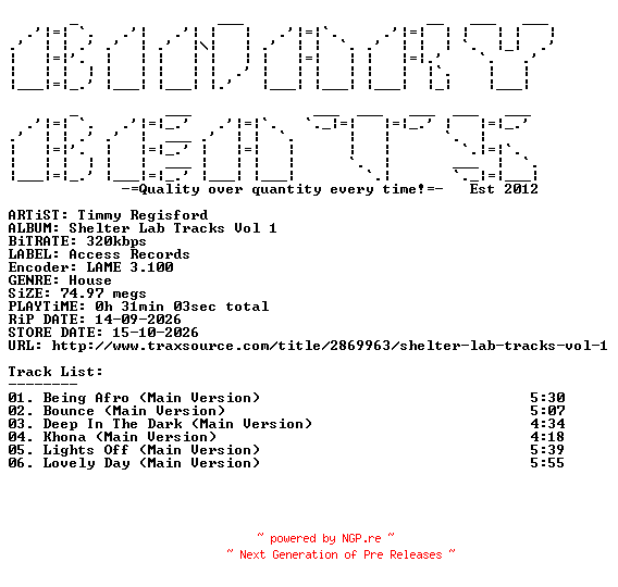 NFO for the release Timmy_Regisford-Shelter_Lab_Tracks_Vol_1-(ACESSS92)-WEB-2026-BB by BB