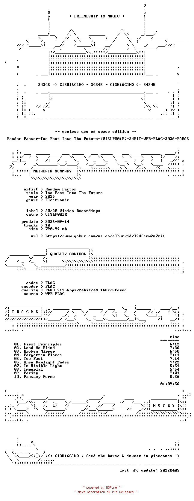 NFO for the release Random_Factor-Too_Fast_Into_The_Future-(VISLP001R)-24BIT-WEB-FLAC-2026-BABAS by BABAS