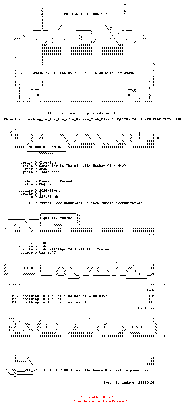 NFO for the release Chromium-Something_In_The_Air_(The_Hacker_Club_Mix)-(MNQ162D)-24BIT-WEB-FLAC-2025-BABAS by BABAS