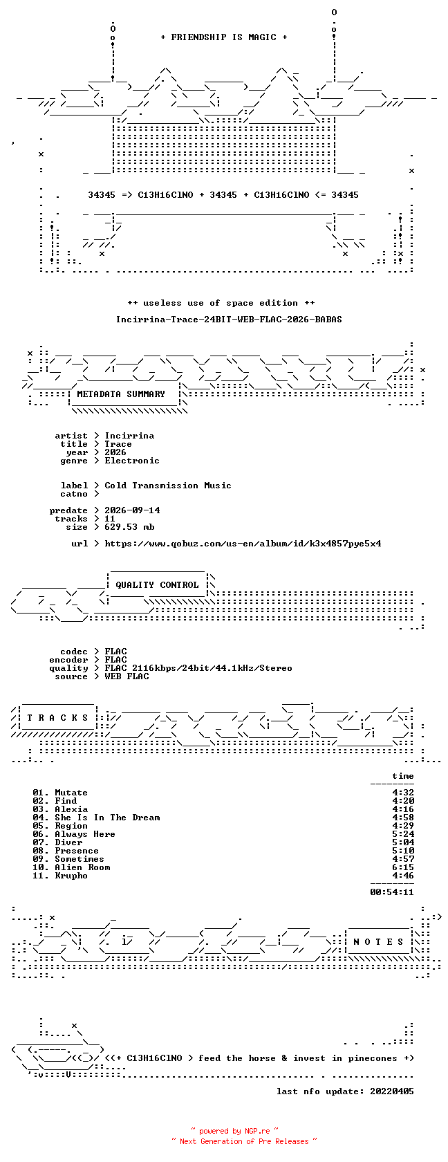 NFO for the release Incirrina-Trace-24BIT-WEB-FLAC-2026-BABAS by BABAS