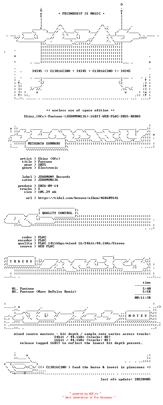 NFO for the release Skinz_(Ofc)-Pantone-(JEAHMON136)-16BIT-WEB-FLAC-2025-BABAS by BABAS