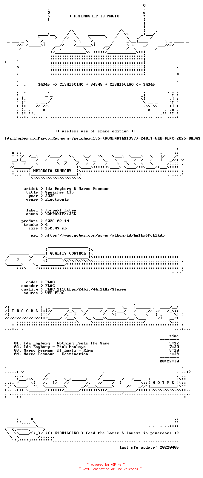 NFO for the release Ida_Engberg_x_Marco_Resmann-Speicher_135-(KOMPAKTEX135S)-24BIT-WEB-FLAC-2025-BABAS by BABAS