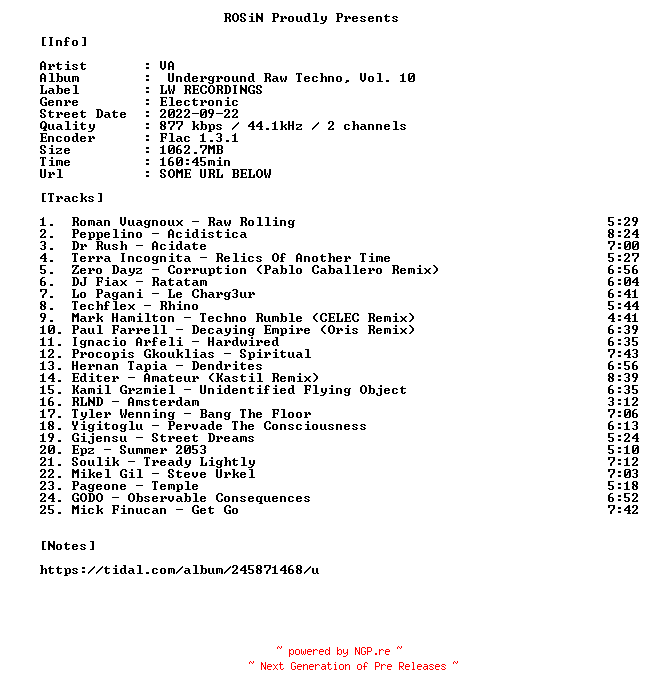 NFO for the release VA-Underground_Raw_Techno_Vol._10-16BIT-WEB-FLAC-2022-ROSiN by ROSiN