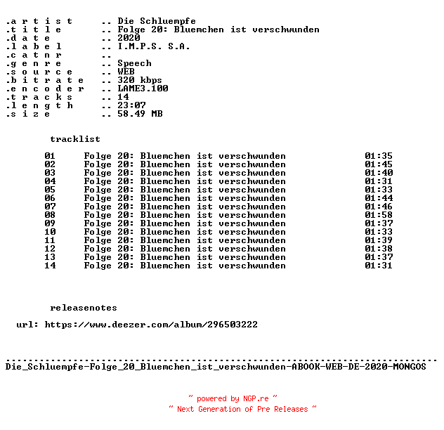 NFO for the release Die_Schluempfe-Folge_20_Bluemchen_ist_verschwunden-ABOOK-WEB-DE-2020-MONGOS by MONGOS