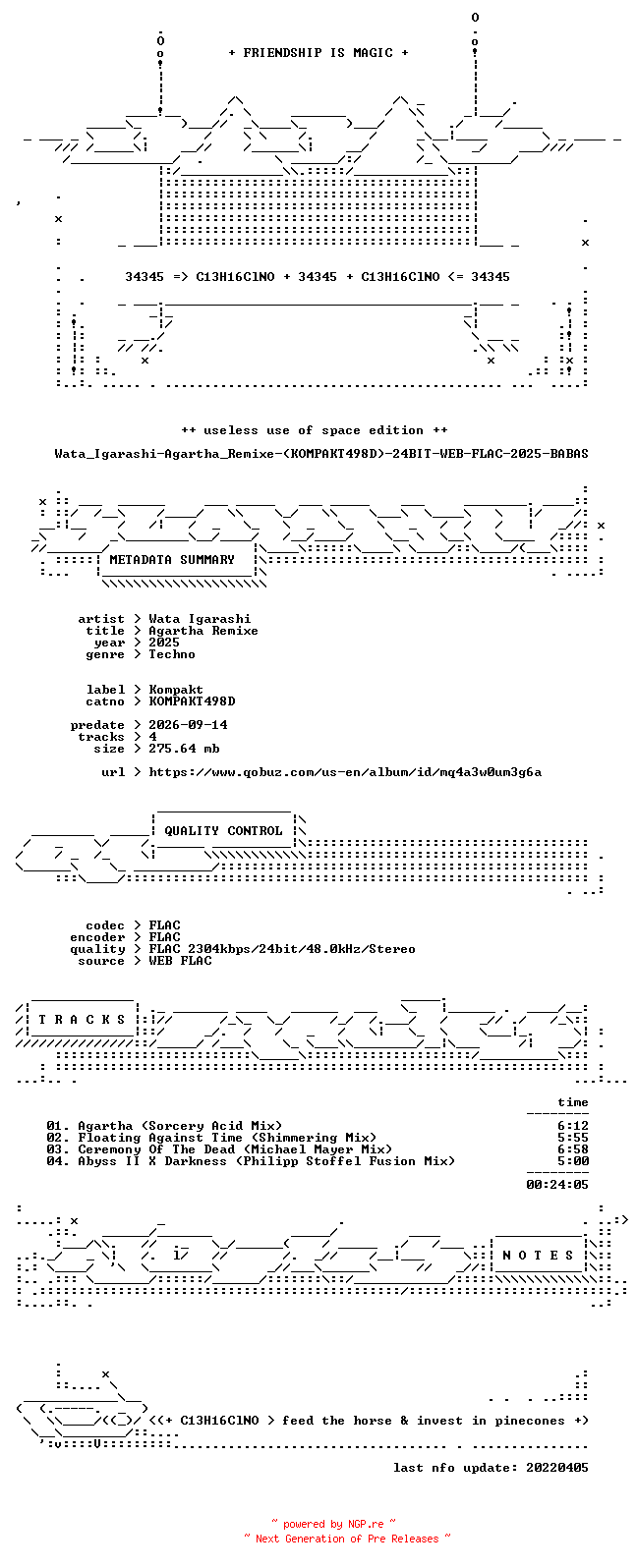 NFO for the release Wata_Igarashi-Agartha_Remixe-(KOMPAKT498D)-24BIT-WEB-FLAC-2025-BABAS by BABAS
