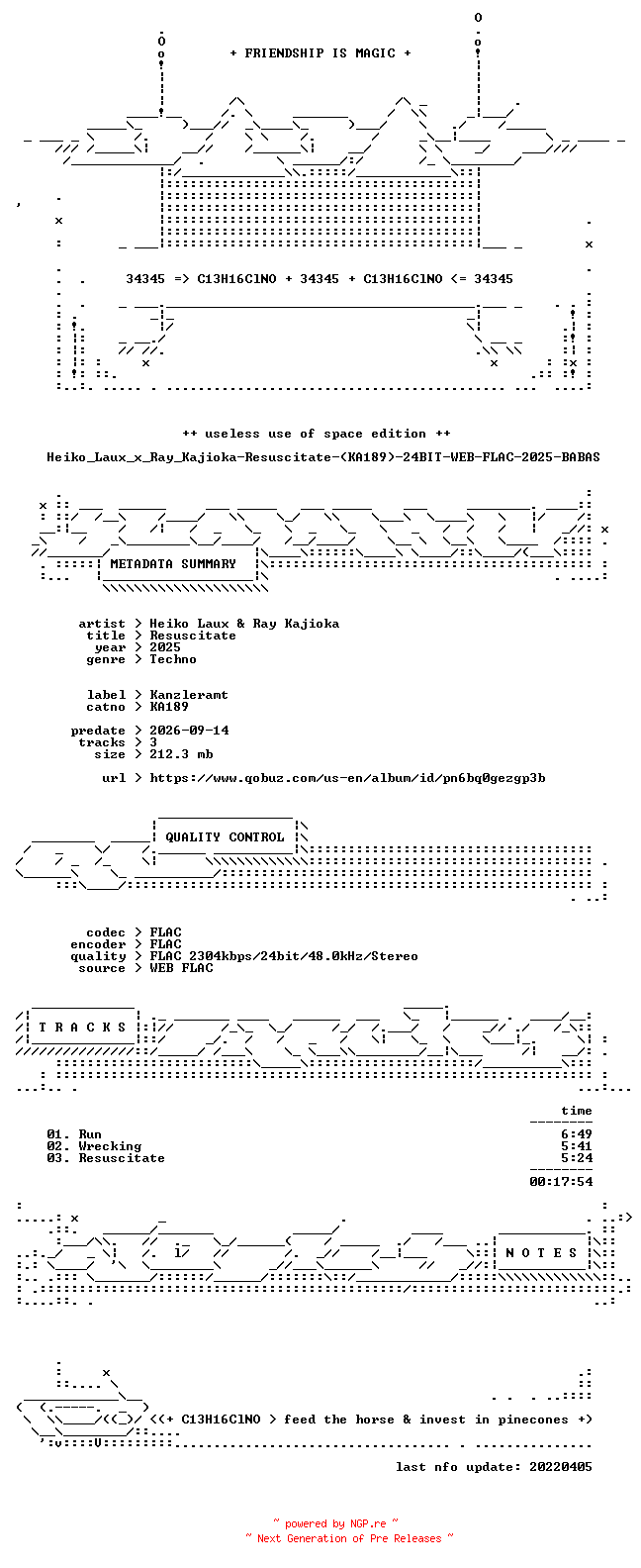 NFO for the release Heiko_Laux_x_Ray_Kajioka-Resuscitate-(KA189)-24BIT-WEB-FLAC-2025-BABAS by BABAS