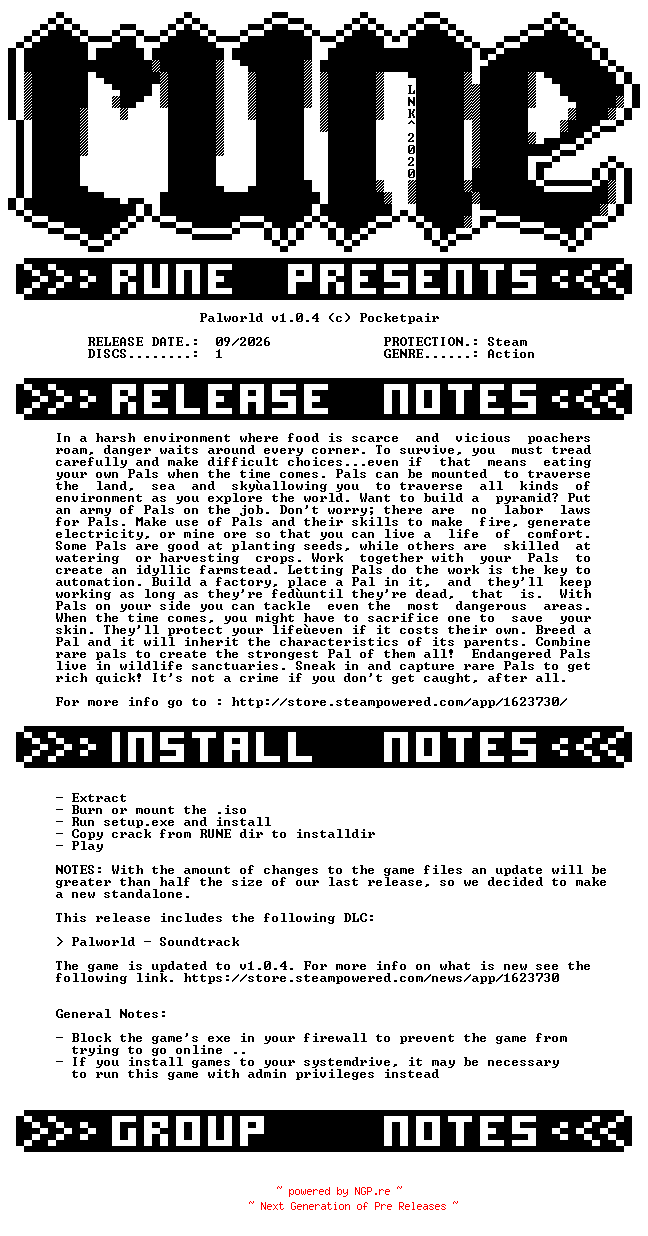 NFO for the release Palworld.v1.0.4-RUNE by RUNE