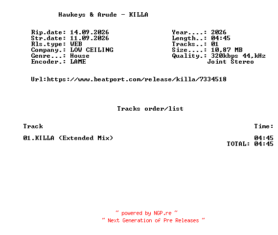 NFO for the release Hawkeys_And_Arude_-_KILLA-(LOWC343)-SINGLE-WEB-2026-FMC by FMC