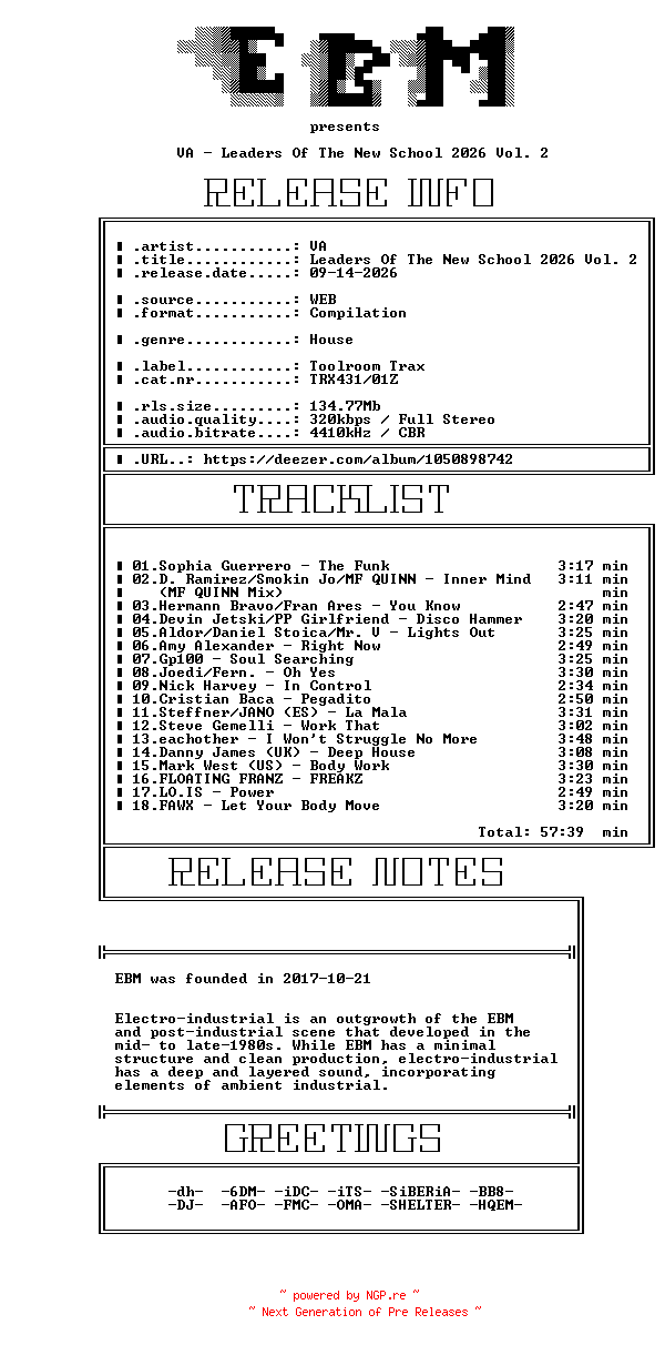 NFO for the release VA-Leaders_Of_The_New_School_2026_Vol_2-(TRX431-01Z)-WEB-2026-EBM by EBM