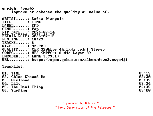 NFO for the release Sofia_Dangelo-TIME-EP-WEB-2026-ENRiCH by ENRiCH