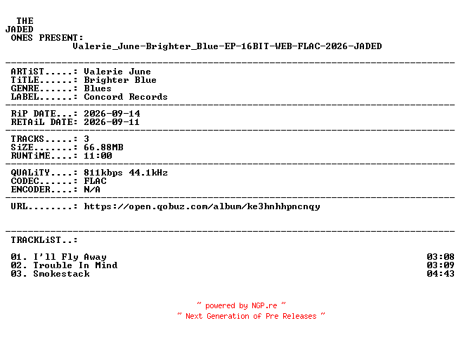 NFO for the release Valerie_June-Brighter_Blue-EP-16BIT-WEB-FLAC-2026-JADED by JADED