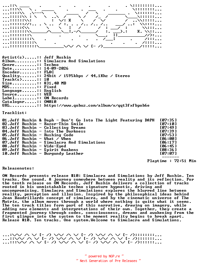 NFO for the release Jeff_Rushin-Simulacra_And_Simulations-ON010-24BIT-WEB-FLAC-2026-WAVED by WAVED
