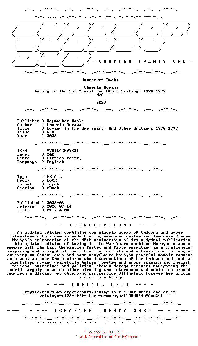 NFO for the release Cherrie.Moraga.-.Loving.In.The.War.Years.And.Other.Writings.1978-1999.2023.RETAIL.EPUB.eBook-CTO by CTO
