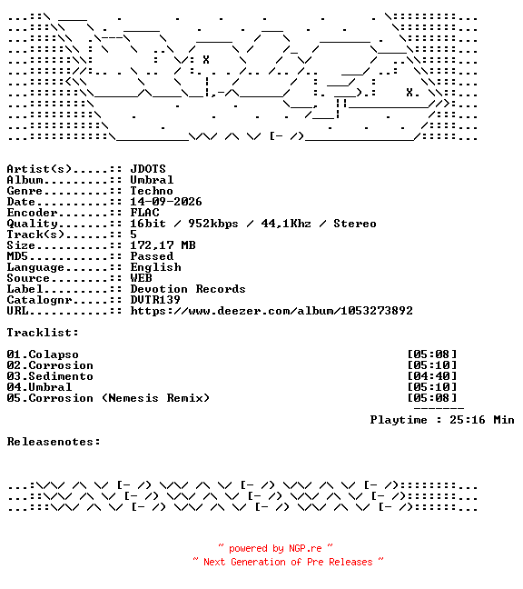 NFO for the release JDOTS-Umbral-DVTR139-16BIT-WEB-FLAC-2026-WAVED by WAVED