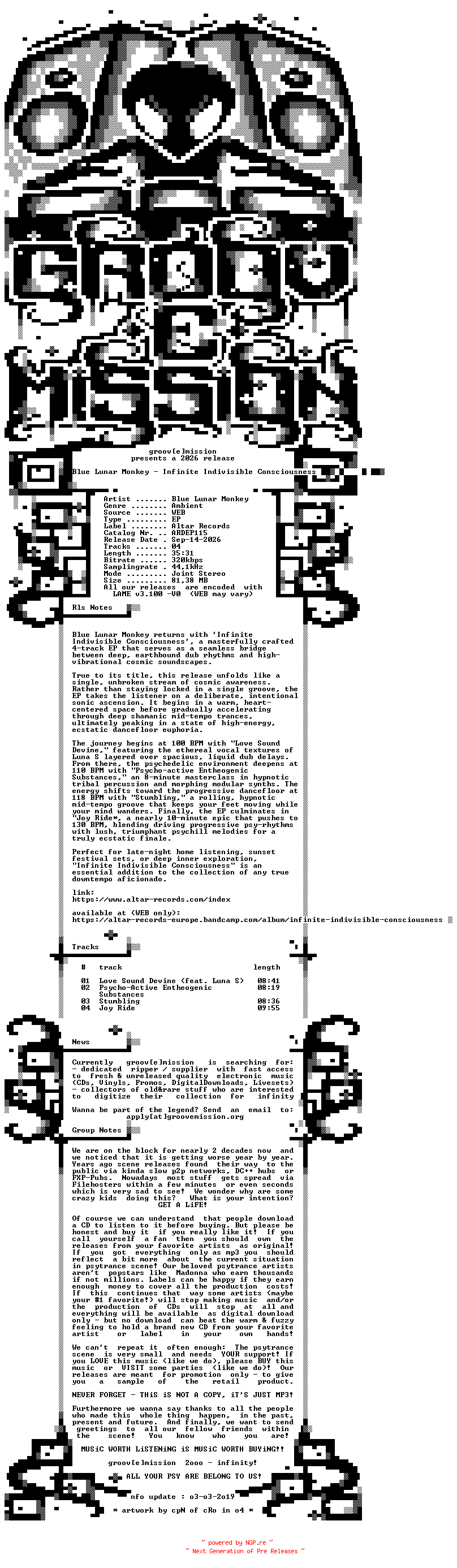 NFO for the release Blue_Lunar_Monkey_-_Infinite_Indivisible_Consciousness-(ARDEP115)-WEB-2026-gEm by gEm