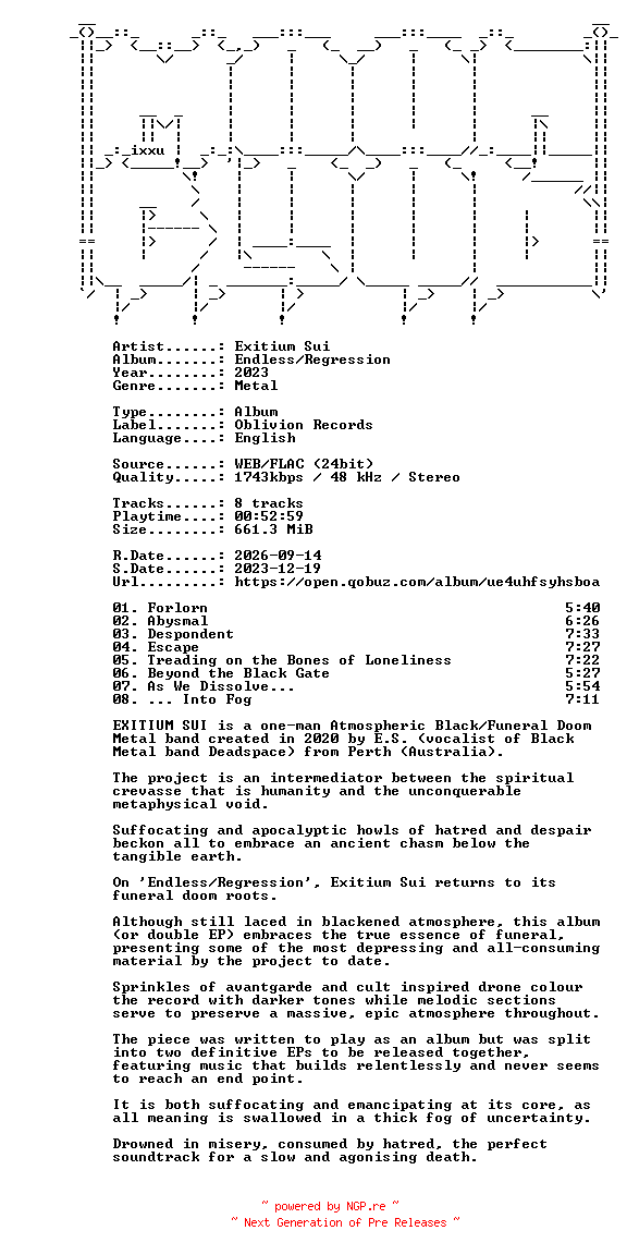 NFO for the release Exitium_Sui-EndlessRegression-24BIT-WEB-FLAC-2023-MOONBLOOD by MOONBLOOD