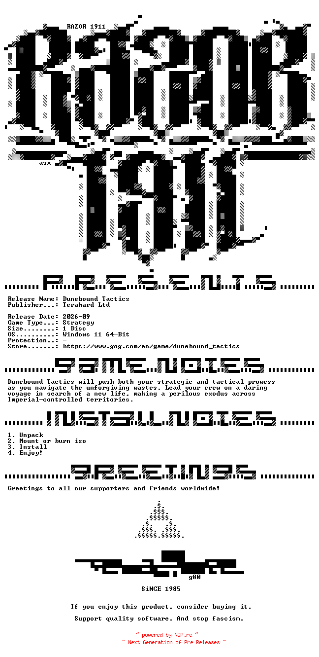 NFO for the release Dunebound_Tactics-Razor1911 by Razor1911