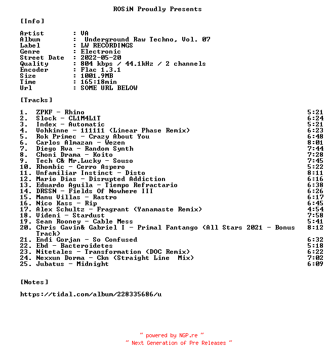 NFO for the release VA-Underground_Raw_Techno_Vol._07-16BIT-WEB-FLAC-2022-ROSiN by ROSiN