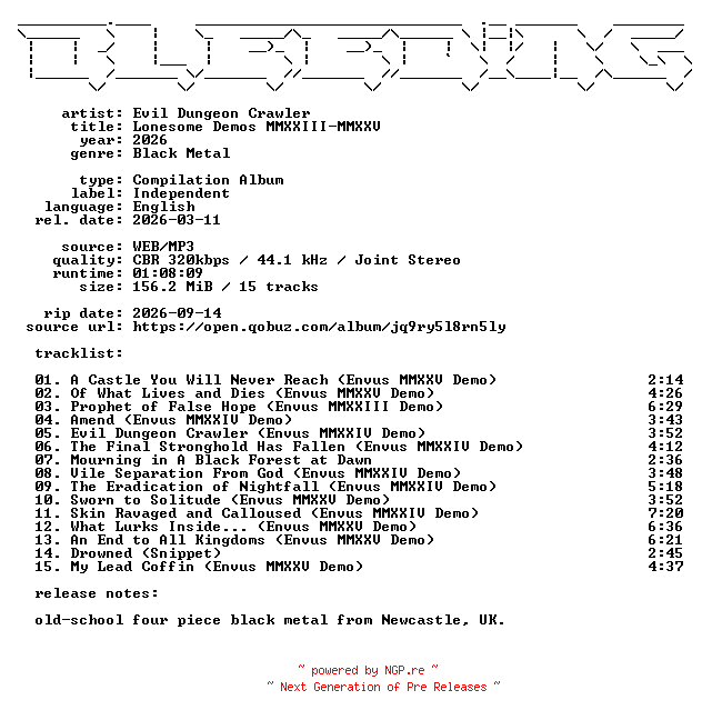 NFO for the release Evil_Dungeon_Crawler-Lonesome_Demos_MMXXIII-MMXXV-WEB-2026-BLEEDiNG by BLEEDiNG